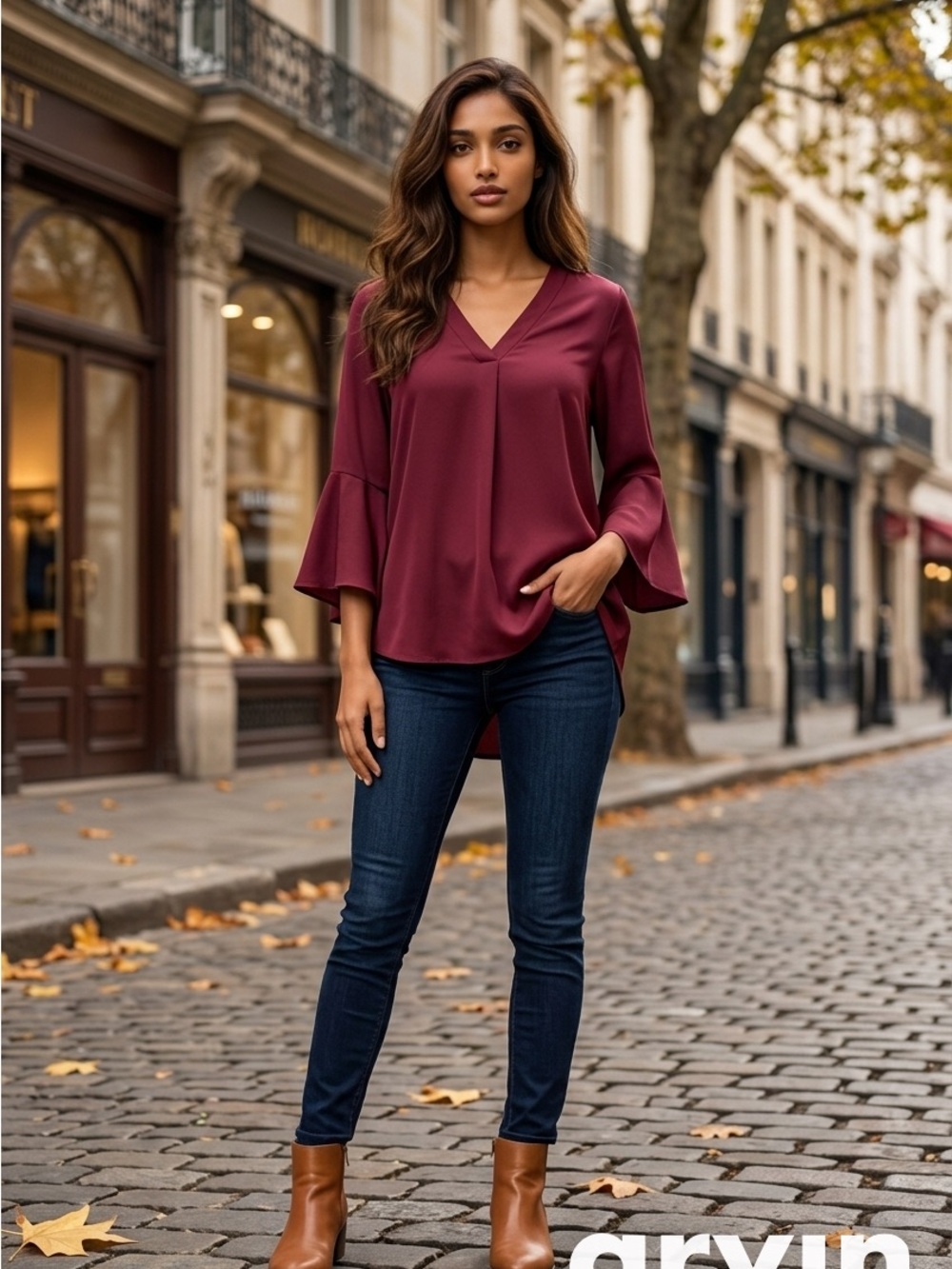 Jones New York Burgundy V-Neck Ruffle-Sleeve Blouse